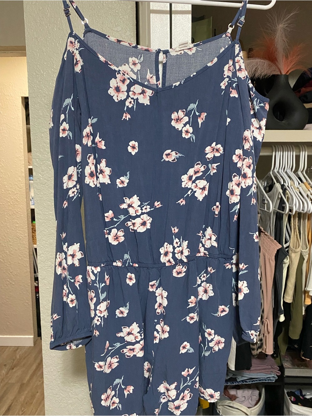 Garage Navy Blue Floral Cold-Shoulder Jumpsuit